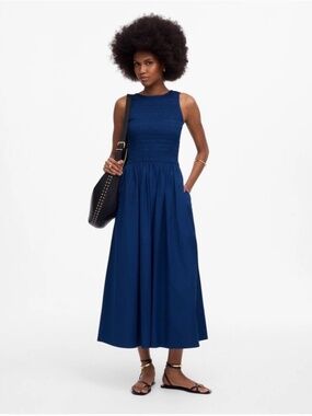 Madewell The Melody Scoopback Smocked Midi Dress Blue Moon XS Cotton